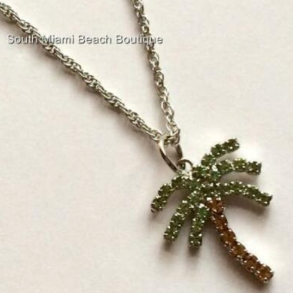 Crystal Palm Tree Necklace 24" Silver Plated Coconut Island X-Long Beach - Picture 8 of 8